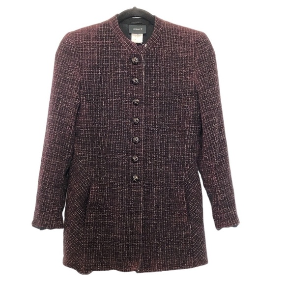 AKRIS Blazer Jacket Women’s Size 6 Tweed Long Button Front Burgundy Multicolor - Picture 1 of 14